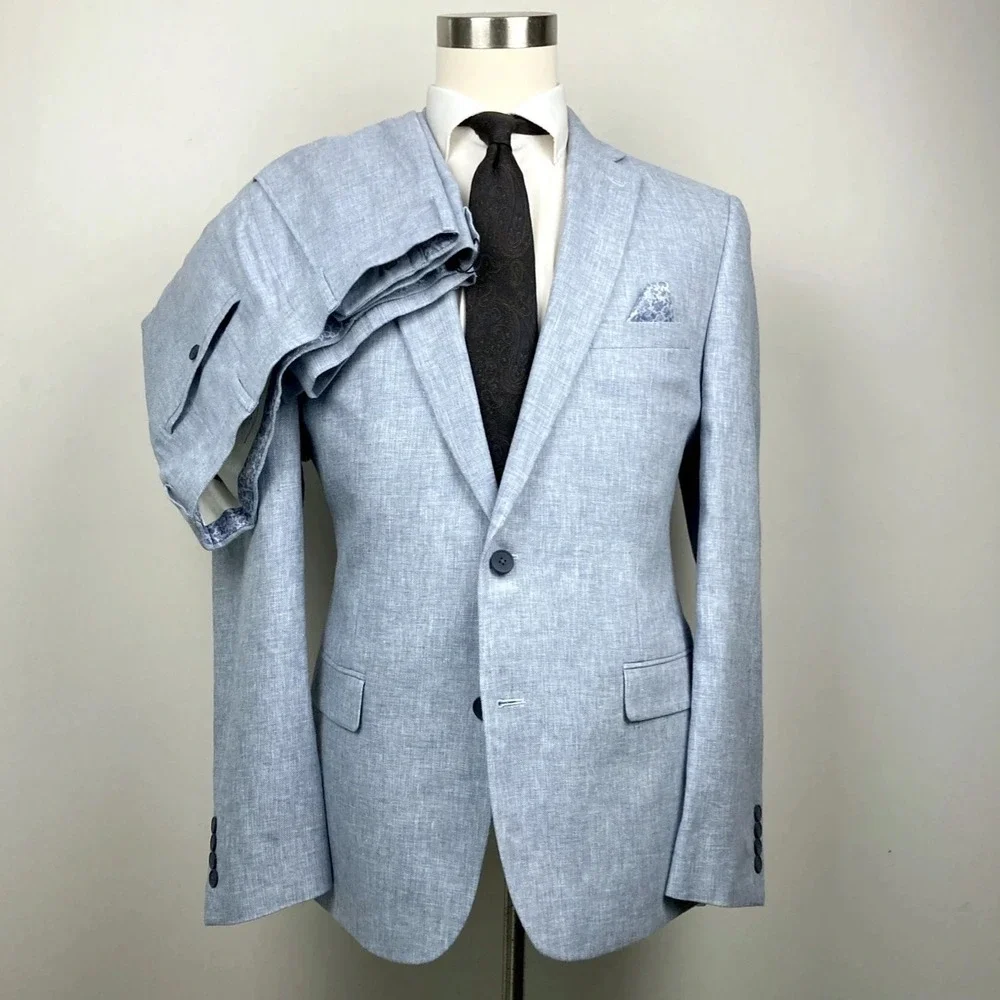 Bar III Men's Slim Fit 2 Piece Suit Jacket 44R Pant 36W 30L Blue Linen Cotton